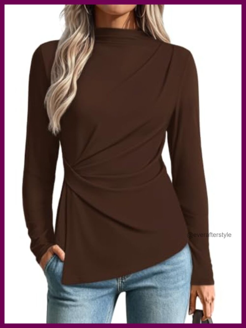 Mock Neck Peplum Top Long Sleeve Ruched Knit Blouse